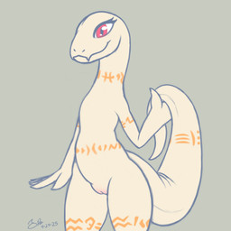 5_fingers albino anthro arm_tattoo belly_tattoo big_eyes big_tail blush body_blush cute_fangs eyelashes fangs featureless_chest female female_anthro fingers flat_chested front_view genitals grey_background holding_own_tail holding_tail humanoid_genitalia humanoid_hands humanoid_vulva innie_vulva leg_tattoo long_neck long_tail neck_tattoo nude nude_anthro nude_female orange_tattoo pupils red_eyes simple_background slit_pupils smile snout solo standing tail tail_dimple tail_tattoo tapering_tail tattoo teeth thick_tail thick_thighs thigh_tattoo tribal tribal_tattoo vulva vulva_blush white_body white_outer_labia white_vulva wide_hips spe overlord_(series) crusch_lulu lizard lizardman lizardman_(overlord) reptile scalie 1:1 2025 dated digital_drawing_(artwork) digital_media_(artwork) flat_colors hi_res portrait procreate_(artwork) signature three-quarter_portrait