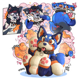 4_fingers anthro anus biped black_collar black_hair black_nose blue_body bulge collar fingers fur glistening glistening_body grey_body grey_fur hair heart_eyes heart_symbol hypnosis inflatable markings mind_control nozzle nozzle_on_belly null_bulge onomatopoeia orange_body orange_eyes pool_toy ringed_eyes simple_background solo sound_effects species_transformation spiral spiral_eyes tail tail_motion tailwag text tongue tongue_out toony transformation transformation_sequence plushgrin zeydaan animate_inanimate canid canine canis living_inflatable mammal wolf 1:1 2025 digital_media_(artwork) english_text hi_res nonbinary_(lore)