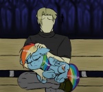 bench blonde_hair blue_body blue_feathers blue_fur bodily_fluids clothing crying cutie_mark duo eyes_closed feathered_wings feathers female fur hair lying male multicolored_hair multicolored_tail on_bench outside park plant rainbow_hair rainbow_tail shadow sitting tail tears tree wings ichibangravity creepypasta friendship_is_magic hasbro my_little_pony mythology rainbow_dash_(mlp) slenderman equid equine human mammal mythological_creature mythological_equine pegasus 2014