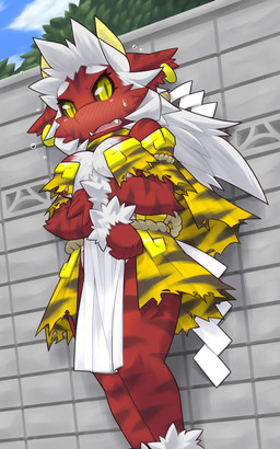 anthro black_sclera blush bottomwear breasts clothed clothing ear_piercing embarrassed fangs female fur hair horn kemono loincloth non-mammal_breasts open_mouth piercing red_body red_fur robe skimpy solo teeth white_hair yellow_eyes kame_3 mythology dragon furred_dragon furred_scalie ghost mythological_creature mythological_scalie scalie spirit 2012 5:8 hi_res japanese_description