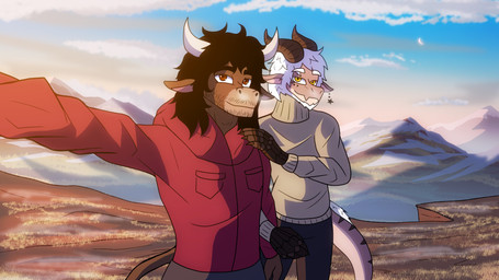 anthro beard black_hair brown_body brown_eyes clothed clothing cloud detailed_background duo ear_piercing ear_ring facial_hair hair horn male male/male moon mountain piercing ring_piercing romantic romantic_couple selfie smile snow sunset sweater tail topwear white_hair yellow_eyes kimero_kat mythology kimero_(kimero_kat) bovid bovine cattle dragon mammal mythological_creature mythological_scalie scalie 16:9 4k absurd_res cel_shading hi_res shaded widescreen