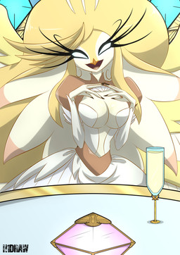 anthro beak beverage big_breasts biped blonde_hair blue_eyes breasts cleavage clothed clothing countershade_face countershade_torso countershading dress eyelashes feathers female front_view furniture glass glowing glowing_eyes hair long_eyelashes long_hair looking_at_viewer multicolored_body non-mammal_breasts open_mouth solo table tan_body tan_countershading tan_feathers tongue two_tone_body white_clothing white_dress white_eyes wide_hips yellow_body yellow_feathers h1draw hazbin_hotel hellaverse speaker_of_god_(hazbin_hotel) angel avian bird deity 2025 absurd_res hi_res