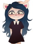 anthro blue_hair blush bodily_fluids clothing dress female hair headpat petting simple_background solo sweat white_background arkeus cartoon_hangover the_summoning claire_(the_summoning) domestic_cat felid feline felis mammal 2020 hi_res