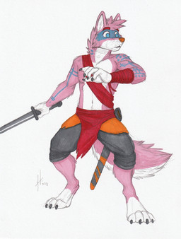 anthro arm_markings athletic athletic_anthro athletic_male black_bottomwear black_clothing black_pants blue_eyes blue_markings bottomwear clothing facial_markings front_view fur hair head_markings holding_melee_weapon holding_object holding_sword holding_weapon male male_anthro markings mask_(marking) melee_weapon mouth_closed navel orange_nose pants pink_body pink_fur pink_hair pink_tail short_hair simple_background solo standing sword tail weapon white_background white_body white_fur white_tail hufnaar canid canine mammal 2018 dated full-length_portrait hi_res portrait