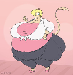 anthro belly big_belly big_breasts big_butt blonde_hair blue_eyes bottomwear bracelet breasts butt clothing female footwear gesture hair huge_belly huge_breasts huge_butt huge_thighs jacket jewelry obese obese_anthro obese_female overweight overweight_anthro overweight_female pants shirt shoes solo thick_thighs topwear waving waving_at_viewer satsumalord sandy_(satsumalord) gerbil mammal murid rodent 2025 digital_media_(artwork) hi_res