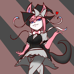 absolute_territory anthro black_tail bow_(feature) breasts clothing dress female hair hat headgear headwear heart_symbol legwear narrowed_eyes pattern_background pokemorph simple_background smile smirk solo striped_background tail thigh_highs witch_costume witch_hat huegirl19 nintendo pokemon eeveelution generation_6_pokemon pokemon_(species) sylveon 1:1 absurd_res hi_res