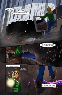 blonde_hair blue_bottomwear blue_clothing blue_jeans blue_pants bottomwear cave clothing denim denim_bottomwear denim_clothing dialogue dialogue_box dust_cloud female flashlight hair jacket jeans pants solo sound_effects stalactite stalagmite tentacles topwear dr_artist jeep tera_rollins_(dr_artist) human mammal colored comic