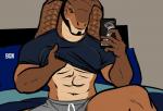 abs anthro bed bedroom biped brown_body brown_eyes brown_scales cellphone clothed clothing clothing_lift electronics facial_hair furniture goatee holding_object holding_phone male muscular muscular_anthro muscular_male navel pecs phone pillow presenting scales selfie shirt shirt_lift sideburns simple_background sitting smile snake_hood solo topwear underwear bgn memphis cobra legged_snake reptile scalie snake 2018