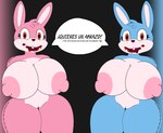 absurd_res anthro big_breasts blazerfurro blood bodily_fluids breasts duo female hi_res huge_breasts konami lagomorph leporid looking_at_viewer mammal nipples nude rabbit robbie_the_rabbit_(silent_hill) silent_hill speech_bubble text thick_thighs