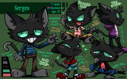 3_toes 4_fingers anthro belt bisexual_pride_colors black_body black_fur black_nose blush bodily_fluids bottomwear clothing countershade_torso countershading dialogue dipstick_tail fangs feet fingers footwear frown fur gender_symbol green_eyes grey_body grey_fur hoodie humor jacket lgbt_pride looking_at_viewer male male_symbol markings multiple_poses pants pawpads paws pose pride_colors sad shirt shoes sitting smile solo standing stated_age stated_sexuality symbol tail tail_markings tank_top tears teeth text toes tongue topwear wave whiskers wristband conditional_dnp kazoko_(artist) sergeo_(kazoko) domestic_cat felid feline felis mammal hi_res model_sheet