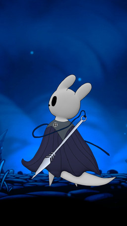 black_eyes blue_background cloak clothing male melee_weapon polearm simple_background spear weapon white_body nexthargon hollow_knight_(franchise) rain_world team_cherry videocult survivor_(rain_world) slugcat 9:16 hi_res
