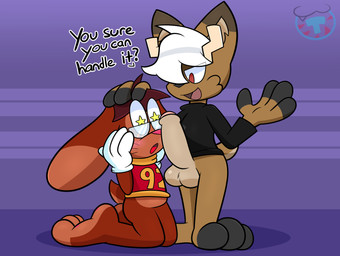 3_toes 4_fingers anthro balls big_penis bottomless bottomless_male cartoon_gloves clothed clothing duo erection feet fingers foreskin genitals head_grab headpat humanoid_genitalia humanoid_penis male male/male penis penis_awe small_but_hung smile smiling_at_another smiling_at_partner starry_eyes toes toony mintytempest major_(mintytempest) roderick_(tamerkoh) deer lagomorph leporid mammal rabbit absurd_res hi_res