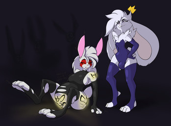 anthro buckteeth bulge clothing crown duo_focus female fur group headgear implied_transformation leotard male nipple_outline open_mouth pregnant purple_clothing purple_leotard sitting smile standing surprised tail teeth white_body white_fur womb_tattoo grandstorm basil_(aristocrats) lagomorph leporid mammal rabbit digital_media_(artwork) hi_res