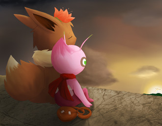 ambiguous_gender antennae_(anatomy) anthro bag brown_body brown_fur cliff clothed clothing cloud dipstick_antennae duo_focus eyes_closed feral flower fur green_eyes group happy multicolored_antennae outside pink_body pink_fur plant rock scarf sitting sky smile sun sunset arti4000 nintendo pokemon arti_(arti4000) artibii_(arti4000) canid canine celebi eevee generation_1_pokemon generation_2_pokemon ho-oh legendary_pokemon mammal pokemon_(species) shiny_pokemon