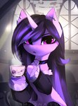 alternative_fashion black_hair choker clothing collar container cup ear_piercing female fetlocks goth hair hooves horn jewelry light light_beam multicolored_hair necklace piercing purple_eyes purple_hair solo steam tea_cup two_tone_hair window magnaluna hasbro mlp_g5 my_little_pony mythology goth_izzy_(mlp) izzy_moonbow_(mlp) equid equine mammal mythological_creature mythological_equine unicorn 2022 absurd_res hi_res