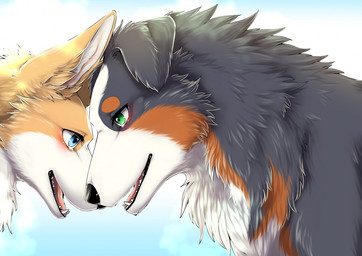 ambiguous_gender black_body black_fur black_nose blue_eyes blush bodily_fluids brown_body brown_fur crying feral floppy_ears fluffy fluffy_ears folded_ears fur green_eyes inner_ear_fluff open_mouth orange_body orange_fur pink_inner_ear tears tears_of_joy text tuft welling_tears white_body white_fur white_inner_ear_fluff tsukune_minaga erugu_(tsukune_minaga) sheri_(tsukune_minaga) australian_shepherd canid canine canis domestic_dog herding_dog mammal pastoral_dog sheepdog welsh_corgi 2018 cover_art digital_media_(artwork)