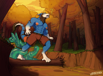 anthro areola belt big_areola black_body black_fur black_markings blue_body blue_eyes blue_fur blue_tail bottomwear brown_bottomwear brown_clothing brown_shorts clothed clothing collar dipstick_tail ear_piercing ear_ring facial_piercing fallen_tree forest forest_background fur genitals gold_(metal) gold_ear_ring gold_jewelry gold_piercing golden_piercing golden_piercings hairy_tail holding_leg imminent_rape imminent_sex jewelry male male_anthro markings muscular muscular_anthro muscular_male nature nature_background nipple_piercing nipples nipples_piercings nose_piercing nose_ring pendant penis piercing plant pockets question_mark ring_piercing road satchel shorts shorts_only sky slime slime_(substance) slime_penis slime_tentacle spiked_collar spikes sunset tail tail_markings topless topless_anthro topless_male trail tree white_body white_fur white_tail_tip yellow_leaves yellow_sky voidlesky thurui goo_creature humanoid sergal hi_res watermark