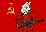 ak-47 ak_platform anthro assault_rifle clothed clothing communism gun hammer_and_sickle male military politics ranged_weapon rifle russian soldier solo soviet_union warrior weapon unknown_artist command_and_conquer electronic_arts mythology red_alert_(series) conscript_(red_alert) dragon mythological_creature mythological_scalie scalie