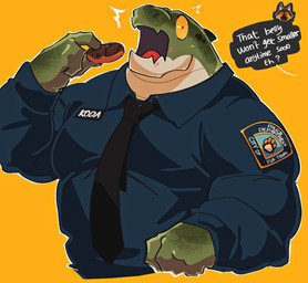 amber_eyes anthro big_muscles black_necktie blue_clothing blue_shirt blue_topwear clothed clothed_anthro clothed_male clothing dialogue flesh_fang food green_body green_skin head_ridge holding_food holding_object male muscular muscular_anthro muscular_male name_tag necktie offscreen_character open_mouth orange_background red_tongue shirt simple_background snout solo speech_bubble surprised tan_body tan_skin text tongue tongue_showing topwear tremble_spikes wide_eyed teseirei koda_(teseirei) crocodilian reptile scalie 2026 digital_drawing_(artwork) digital_media_(artwork) english_text half-length_portrait hi_res portrait