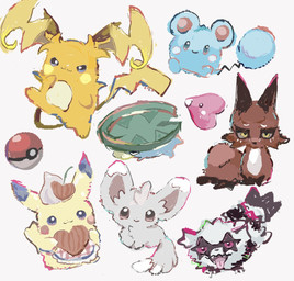 ambiguous_gender anthro apron black_body black_fur blue_body blue_eyes brown_eyes clothing fangs featureless_crotch feral fur grey_body grey_fur hat headgear headwear looking_at_viewer multicolored_body open_mouth orange_body orange_fur paws pink_body pink_eyes plant pokeball simple_background solo striped_body striped_fur stripes tail teeth tongue tongue_out two_tone_body white_body white_fur yellow_body yellow_eyes yellow_fur kako_xox nintendo pokemon pokemon_legends_z-a aquatic canid canine elemental_creature fish flora_fauna galarian_form galarian_zigzagoon generation_1_pokemon generation_2_pokemon generation_3_pokemon generation_5_pokemon generation_8_pokemon generation_9_pokemon lotad luvdisc mammal marill mega_evolution mega_raichu mega_raichu_y minccino nickit pikachu pokemon_(species) regional_form_(pokemon) 2025 hi_res