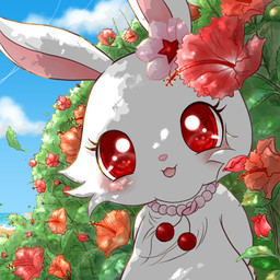 anthro blush cherry female flower food fruit fur hibiscus looking_at_viewer plant red_eyes red_flower shrub solo tropical white_body white_fur wind usasa_yuri jewelpet sanrio sega sega_fave ruby_(jewelpet) lagomorph leporid mammal rabbit 1:1 hi_res