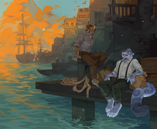 anthro barefoot big_tail bottomwear brown_eyes building claws clothed clothing cloud docks duo ear_tuft eyes_closed feet finger_claws fully_clothed fur grey_body grey_fur leopard_spots male open_mouth outside pants pier rolled_up_sleeves rope ship shirt sitting sky spots suspenders tail tan_body tan_fur teeth toe_claws topwear tuft vehicle water watercraft whisker_spots whiskers corzh77 ambient_bird felid feline lynx mammal pantherine snow_leopard 2026 digital_media_(artwork) hi_res