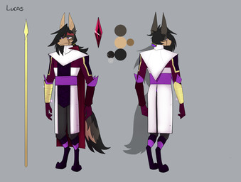 accessory anthro black_body black_fur bottomwear brown_body brown_fur clothed clothing color_swatch front_view fur gem hair headband long_hair male melee_weapon multicolored_body multicolored_fur polearm purple_eyes rear_view robe simple_background solo spear staff standing tail tan_body tan_fur topwear tuft uniform weapon topazknight lucas_(topazknight) canid canine canis jackal mammal absurd_res digital_media_(artwork) hi_res model_sheet multiple_images andromorph_(lore) intersex_(lore)