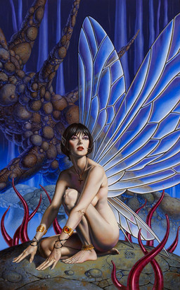 black_hair breasts female gold_(metal) gold_jewelry hair humanoid_pointy_ears insect_wings jewelry looking_up not_furry nude pendant pointy_ears short_hair sitting solo tentacles wings clyde_caldwell fairy humanoid winged_humanoid 2022 hi_res traditional_media_(artwork)