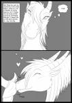 2017 anthro black_border border clothed clothing comic dialogue digital_media_(artwork) dragon duo english_text equid eyelashes eyes_closed fur furred_dragon furred_scalie grey_background greyscale haru_(kanevex) heart_symbol hi_res horn hybrid kanevex looking_at_viewer mammal mane monochrome mythological_creature mythological_scalie mythology navel nuzzling onomatopoeia pupils scalie short_tail simple_background size_difference slit_pupils smaller_anthro smile snout sound_effects tail teeth text