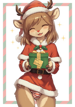 anthro antlers balls_outline belt belt_buckle blush blush_lines bottomwear brown_body brown_fur brown_hair buckle bulge christmas_clothing christmas_headwear christmas_present christmas_sweater christmas_topwear clothed clothing detailed_bulge eyes_closed femboy fur genital_outline gift giving_gift hair happy hat headgear headwear holidays holly_(plant) horn long_hair male merry_christmas open_mouth partially_clothed partially_clothed_anthro partially_clothed_male pattern_clothing pattern_underwear penis_outline plant red_nose santa_hat shota simple_background smile smiling_at_another smiling_at_viewer solo striped_clothing striped_underwear stripes sweater topwear underwear young young_anthro young_male sinelesh christmas deer mammal new_world_deer reindeer colored detailed digital_drawing_(artwork) digital_media_(artwork) shaded