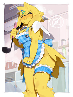 anthro biped blush bodily_fluids bottomless breasts claws clothed clothed_anthro clothed_female clothing female fingers front_view fur hair holding_object inside solo standing sweat kame_3 nintendo pokemon eeveelution generation_1_pokemon jolteon pokemon_(species) 2026 absurd_res digital_drawing_(artwork) digital_media_(artwork) hi_res