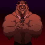 5_fingers anthro beard big_muscles blue_eyes body_hair bottomwear bow_(feature) bow_tie brown_body brown_fur brown_hair chest_hair clothed clothing facial_hair fingers flower fur grin hair happy_trail holding_flower holding_object horn huge_muscles hyper hyper_muscles looking_at_viewer male muscular muscular_anthro muscular_male pants plant rose_(flower) simple_background smile solo teeth topless tusks remert beauty_and_the_beast disney beast_(disney) mammal 1:1 2015