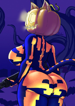 anthro big_breasts big_butt black_clothing black_skinsuit bodysuit breasts butt clothed clothing female food for_a_head fruit glowing glowing_eyes glowing_mouth gun holding_object holding_ranged_weapon holding_weapon holidays huge_butt jack-o'-lantern looking_back plant pumpkin pumpkin_head ranged_weapon shotgun simple_background skinsuit solo tail thick_thighs tight_clothing tree weapon junker_draws epic_games fortnite halloween spice_(fortnite) domestic_cat felid feline felis mammal object_head hi_res