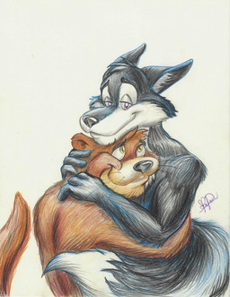 anthro black_body black_eyebrows black_fur black_nose brown_body brown_fur duo eyebrows fur hug hugging_another male male/male purple_eyes simple_background smile smile_lines snout tail tail_around_another whiskers white_background white_body white_fur yellow_eyes fuzzycat waterways kory_hedley samaki_roden canid canine fox mammal mustelid otter 2021 colored_pencil_(artwork) hi_res shaded traditional_media_(artwork)