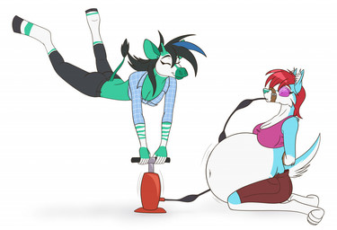 4_toes 5_fingers air_inflation anthro bdsm bicycle_pump black_eyebrows black_hair black_hooves blue_body blue_fur bottomwear breasts cleavage clothed clothing duo eyebrows eyewear feet female female/female fingers fur glasses green_body green_fur hair hooves hose hose_inflation inflation multicolored_body multicolored_fur pants red_eyebrows red_hair shirt simple_background tail tail_tuft teal_nose toes topwear tuft white_background s7v8 canid canine canis domestic_dog giraffid husky mammal nordic_sled_dog okapi spitz