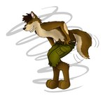 after_transformation anthro belt biped black_nose bottomwear brown_body brown_fur brown_hair cargo_pants clothed clothing countershade_arms countershade_face countershade_fur countershade_tail countershade_torso countershading digitigrade fur hair looking_back_at_self male markings motion_lines multicolored_body one_eye_closed pants simple_background smile solo standing tail tail_motion tan_body tan_countershading teeth topless torn_clothing undressing white_background fox0808 canid canine canis mammal wolf 2010 colored