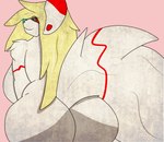 absurd_res adobe_illustrator_(artwork) anthro arm_tuft big_butt big_tail blonde_hair breasts butt butt_focus canid canine digital_media_(artwork) evomutt female fur hair hi_res looking_at_viewer looking_back mammal markings monotone_background omnimaster pink_background red_eyes red_markings sassy shoulder_tuft side_boob simple_background slightly_chubby slightly_chubby_female tail tuft white_body white_fur