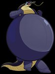 ambiguous_gender anthro armor belly big_belly black_body blue_eyes cast_shadow eyewear glasses glistening glistening_belly grey_armor grey_belly hose hose_in_mouth huge_belly hyper hyper_belly hyper_inflation inflation onomatopoeia simple_background solo sound_effects text transparent_background white_text yellow_body areoants reptile scalie snake 2025 alpha_channel hi_res