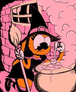 anthro basement big_eyes brick_wall broom cartoon_gloves cauldron cleaning_tool clothing eyelashes female for_a_head hat headgear headwear holidays legwear magic_user moon orange_body pie_cut_eyes pink_room rubberhose smoke solo stockings toony toony_eyes wall_(structure) window witch witch_broom witch_costume witch_hat crazy_8_animations halloween molly_gams object_head