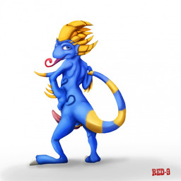 animal_genitalia anthro biped blue_body blue_eyes blue_scales claws erection feet genital_slit genitals hand_on_hip hand_on_own_hip hand_on_own_tail hand_on_tail horn looking_at_viewer looking_back looking_back_at_viewer male male_anthro markings penis scale_markings scales shadow simple_background slit_penis solo spines standing tail tapering_penis text toe_claws tongue tongue_out white_background yellow_body yellow_horn yellow_scales red-9 scaler scaler_(character) chameleon lizard reptile scalie 1:1 2015 artist_name digital_media_(artwork) full-length_portrait hi_res portrait