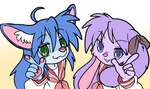 alternate_species anthro clothed clothing duo female furrification critterkiddo lucky_star kagami_hiiragi konata_izumi canid canine fennec_fox fox lagomorph leporid mammal rabbit true_fox hi_res