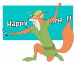 anthro black_nose clothed clothing food fur hat headgear headwear male simple_background solo text shimomaro disney robin_hood_(disney) robin_hood canid canine fox mammal red_fox true_fox 2019