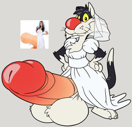 3_toes anthro balls balls_on_ground barefoot big_balls big_penis biped black_body black_ears black_fur claws closed_smile clothed clothed_anthro clothed_female clothed_human clothed_male clothing countershade_face countershade_fur countershade_torso countershading crossdressing_male cute_fangs dipstick_tail dress erection eyelashes fangs feet female female_human foreskin fur genitals glans gloves_(marking) grey_background hands_on_own_hips huge_balls huge_penis humanoid_genitalia humanoid_penis hyper hyper_balls hyper_genitalia hyper_penis inflatable looking_at_viewer male male_anthro male_focus markings monotone_background mouth_closed multicolored_body multicolored_fur penis pink_penis plantigrade presenting presenting_penis red_glans red_nose retracted_foreskin shaft_divide simple_background smile smiling_at_viewer solo standing tail tail_markings teeth three-quarter_view toe_claws toes toony two_tone_body two_tone_fur wedding_dress whiskers white_balls white_body white_claws white_clothing white_countershading white_dress white_fur white_hands white_inner_ear white_toe_claws yellow_sclera zombiecat looney_tunes warner_brothers sylvester_(looney_tunes) domestic_cat felid feline felis human mammal digital_drawing_(artwork) digital_media_(artwork) flat_colors full-length_portrait hi_res photography_(artwork) portrait redraw