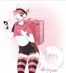 5_toes 69_(number) anthro big_tail bottomwear cellphone clothing crop_top delivery_(commerce) delivery_employee dolphin_shorts electronics feet femboy fur hat headgear headwear legwear male midriff one_eye_closed pants pattern_clothing pattern_legwear pattern_stockings phone pink_clothing shirt shorts smartphone smile solo standing stockings striped_clothing striped_legwear stripes t-shirt tail text toes topwear uniform visor_cap white_body white_fur wink fumiko domestic_cat felid feline felis mammal hi_res russian_text translated
