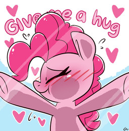 anthro blush dialogue eyes_closed female feral hair happy heart_symbol hug hugging_viewer pink_body pink_hair simple_background smile solo text louvely friendship_is_magic hasbro my_little_pony mythology pinkie_pie_(mlp) earth_pony equid equine horse mammal mythological_creature mythological_equine pony digital_media_(artwork) english_text hi_res