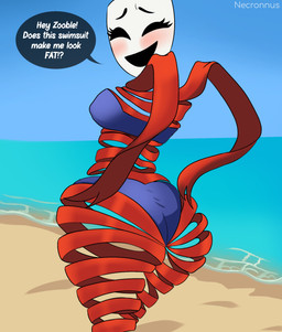 bandeau_bikini beach big_butt bikini blue_bikini blue_clothing blue_swimwear blush breasts butt clothed clothing curvy_figure dialogue empty_eyes eyelashes female huge_thighs looking_back mask not_furry open_mouth open_smile outside red_body sea seaside skimpy skimpy_bikini smile solo strapless_bikini strapless_clothing strapless_swimwear swimwear text thick_thighs two-piece_swimsuit voluptuous voluptuous_female voluptuous_humanoid water wide_hipped_female wide_hipped_humanoid wide_hips necronnus glitch_productions the_amazing_digital_circus gangle_(tadc) animate_inanimate fabric_creature humanoid living_mask 2025 artist_name digital_drawing_(artwork) digital_media_(artwork) english_text hi_res watermark