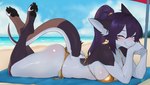 anthro beach big_breasts bikini blush breasts clothing eyes_closed female fur gold_bikini grey_body hair long_ears long_hair lying outside pawpads paws ponytail sea smile solo swimwear tail two-piece_swimsuit water conditional_dnp nova_pendragon mythology dragon furred_dragon furred_scalie mythological_creature mythological_scalie scalie wingless_dragon hi_res