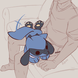 3_fingers 3_toes 5_fingers ambiguous_gender anthro biped black_eyes blue_body blue_fur blue_tail bottomwear butt clothed clothed_human clothed_male clothing duo faceless_character faceless_human faceless_male feet fingers footwear fully_clothed fully_clothed_human fully_clothed_male fur inside male male_human nude nude_ambiguous nude_anthro pants pawpads paws shirt sitting socks tail toes topwear advos nintendo pokemon generation_4_pokemon human mammal pokemon_(species) riolu 1:1 2026 digital_drawing_(artwork) digital_media_(artwork)