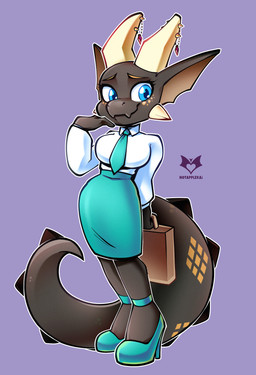 anthro black_body blue_eyes bottomwear breasts briefcase clothing female footwear furgonomic_piercing furgonomics high_heels horn horn_piercing hotapplekai necktie office_clothing piercing shoes skirt smile tail kaithephaux klank_(spark.kobbo) kobold scalie absurd_res hi_res