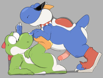 ambiguous_gender anthro blue_body blue_scales bodily_fluids claws clothing collar duo erection eyewear eyewear_only footwear footwear_only genital_fluids genitals green_body green_scales grin humanoid_genitalia humanoid_penis imminent_sex male male/ambiguous male/male mostly_nude nude penis precum scales shell shoes shoes_only side_view smile spiked_collar spikes sunglasses sunglasses_only toe_claws torn_shoes wearing_sunglasses sodacaps mario_bros mythology nintendo super_mario_rpg_(2023) super_mario_rpg_legend_of_the_seven_stars boshi yoshi_(character) blue_yoshi dinosaur dragon green_yoshi mythological_creature mythological_scalie prehistoric_species reptile scalie yoshi hi_res